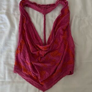 Free People Pink and Orange Embroidered Halter Top